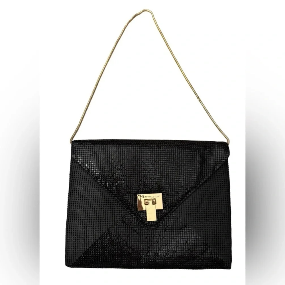 H by Halston Black Mesh Envelope Evening Bag with Gold Chain